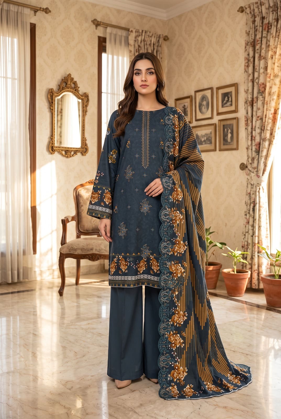 Digital Printed Linen with Front Sequence Embroidery & Linen Cutwork Dupatta | Vol 751