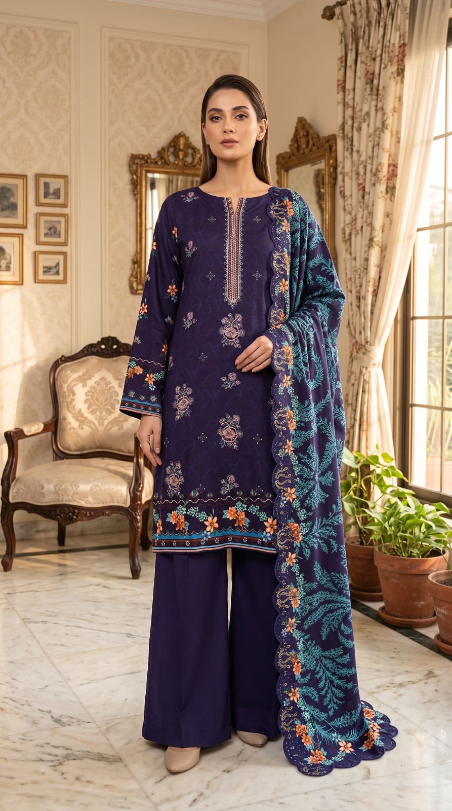 Digital Printed Linen with Front Sequence Embroidery & Linen Cutwork Dupatta | Vol 751