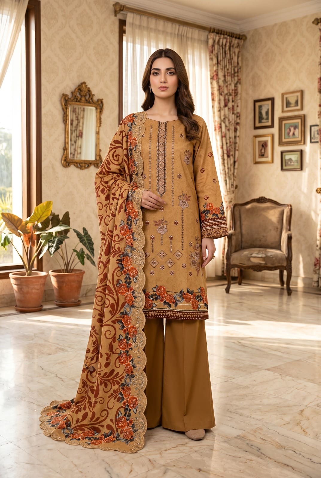 Digital Printed Linen with Front Sequence Embroidery & Linen Cutwork Dupatta | Vol 751