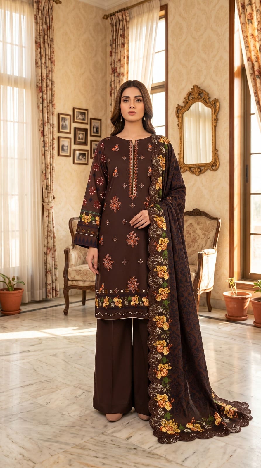 Digital Printed Linen with Front Sequence Embroidery & Linen Cutwork Dupatta | Vol 751