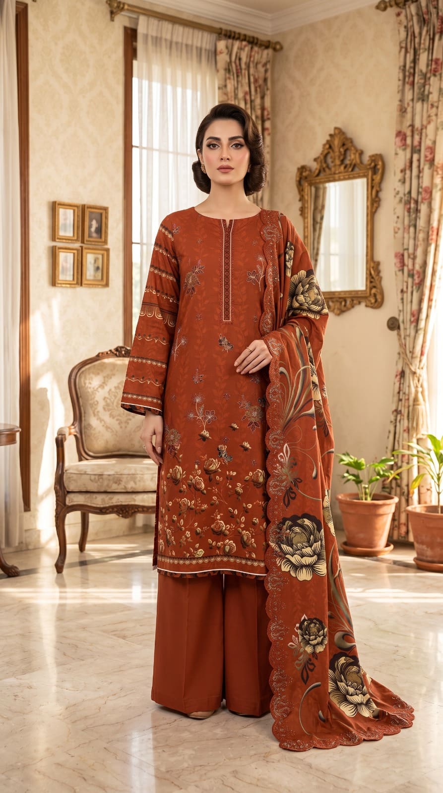 Digital Printed Linen with Front Sequence Embroidery & Linen Cutwork Dupatta | Vol 751