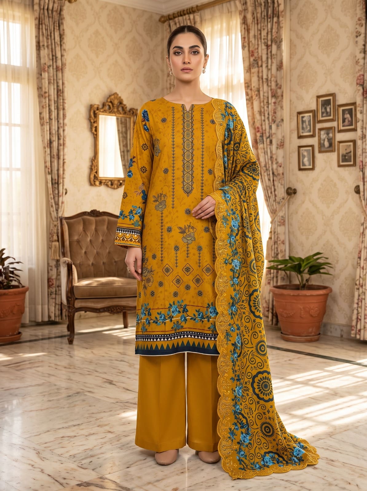 Digital Printed Linen with Front Sequence Embroidery & Linen Cutwork Dupatta | Vol 751