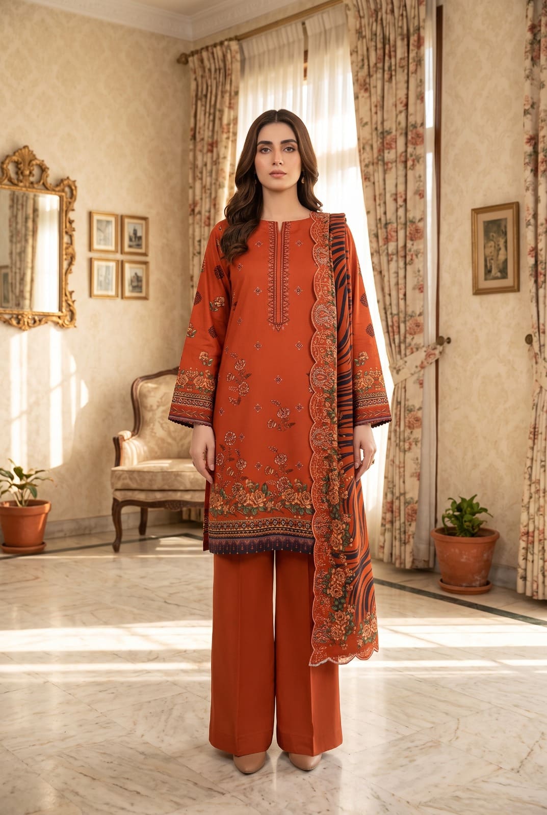 Digital Printed Linen with Front Sequence Embroidery & Linen Cutwork Dupatta | Vol 751