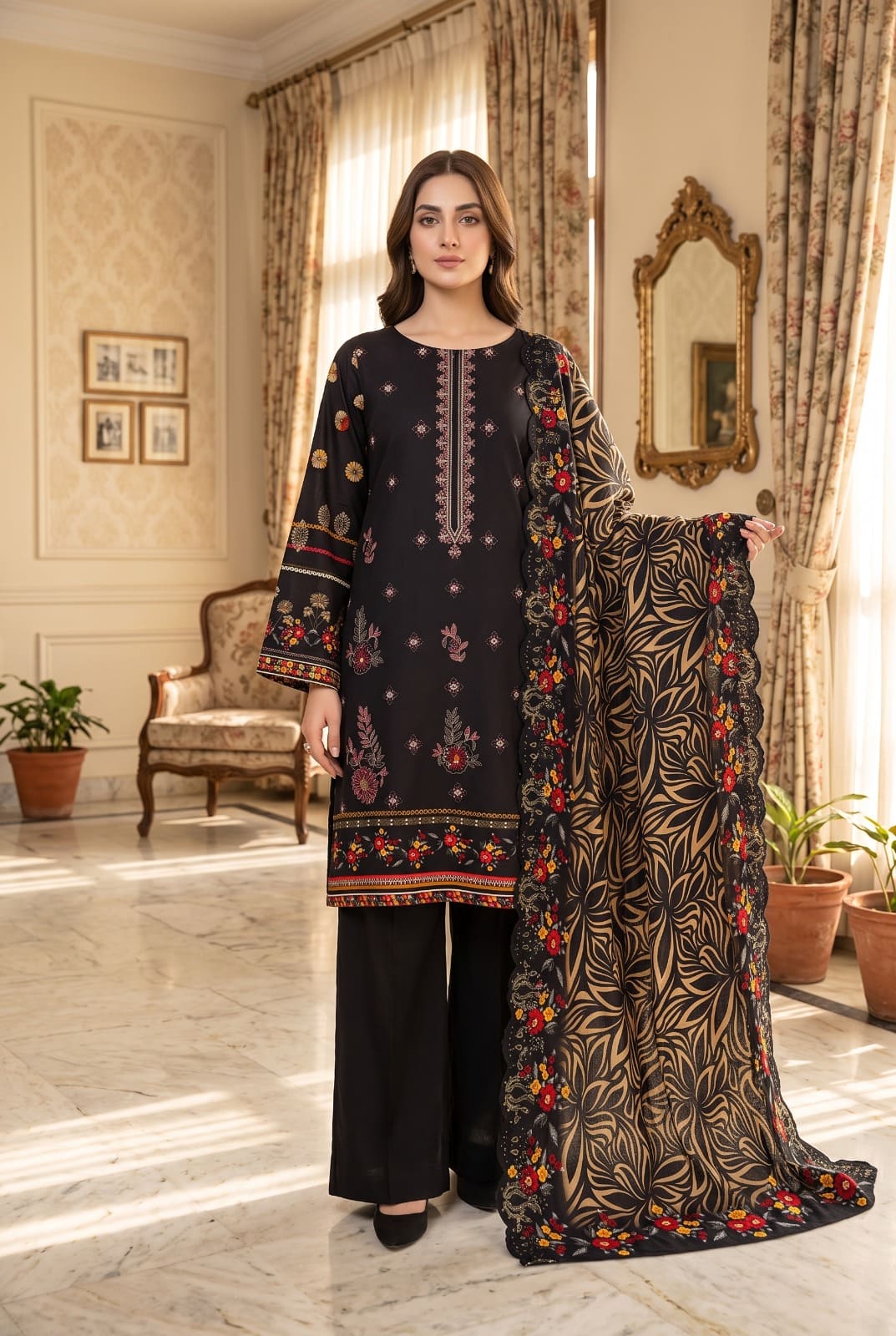 Digital Printed Linen with Front Sequence Embroidery & Linen Cutwork Dupatta | Vol 751