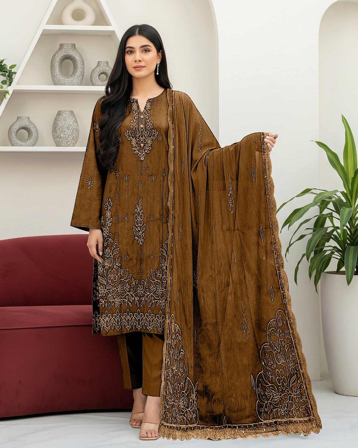 Fancy Chamki Dhanak 3PC suit with sequence head-skip embroidery and cutwork lace dupatta