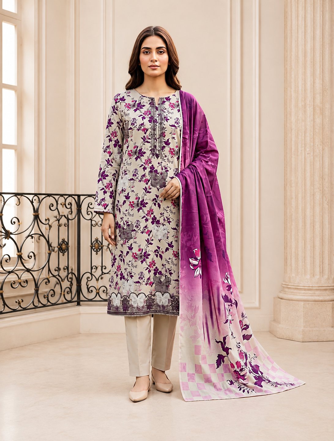 Digital Printed Emboridery Lawn 3pc with Daman Patch  | Vol-742