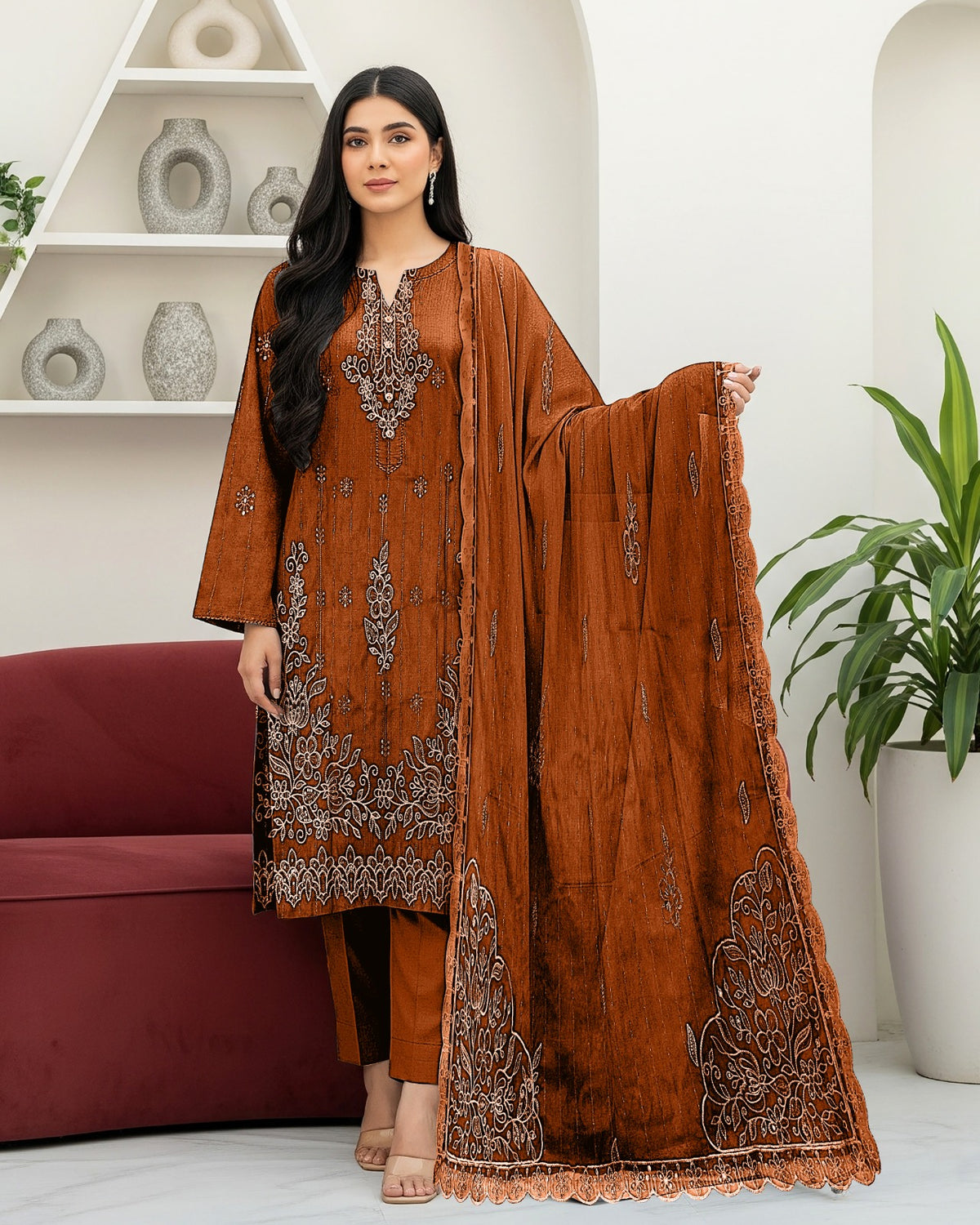 Fancy Chamki Dhanak 3PC suit with sequence head-skip embroidery and cutwork lace dupatta