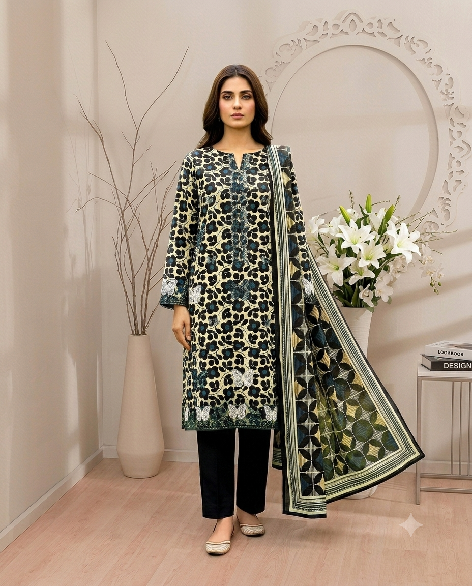 Digital Printed Emboridery Lawn 3pc with Daman Patch  | Vol-742