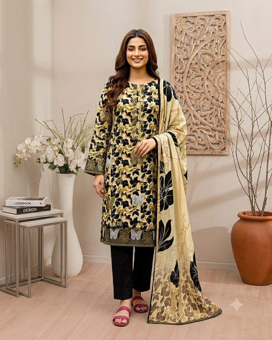 Digital Printed Emboridery Lawn 3pc with Daman Patch  | Vol-742