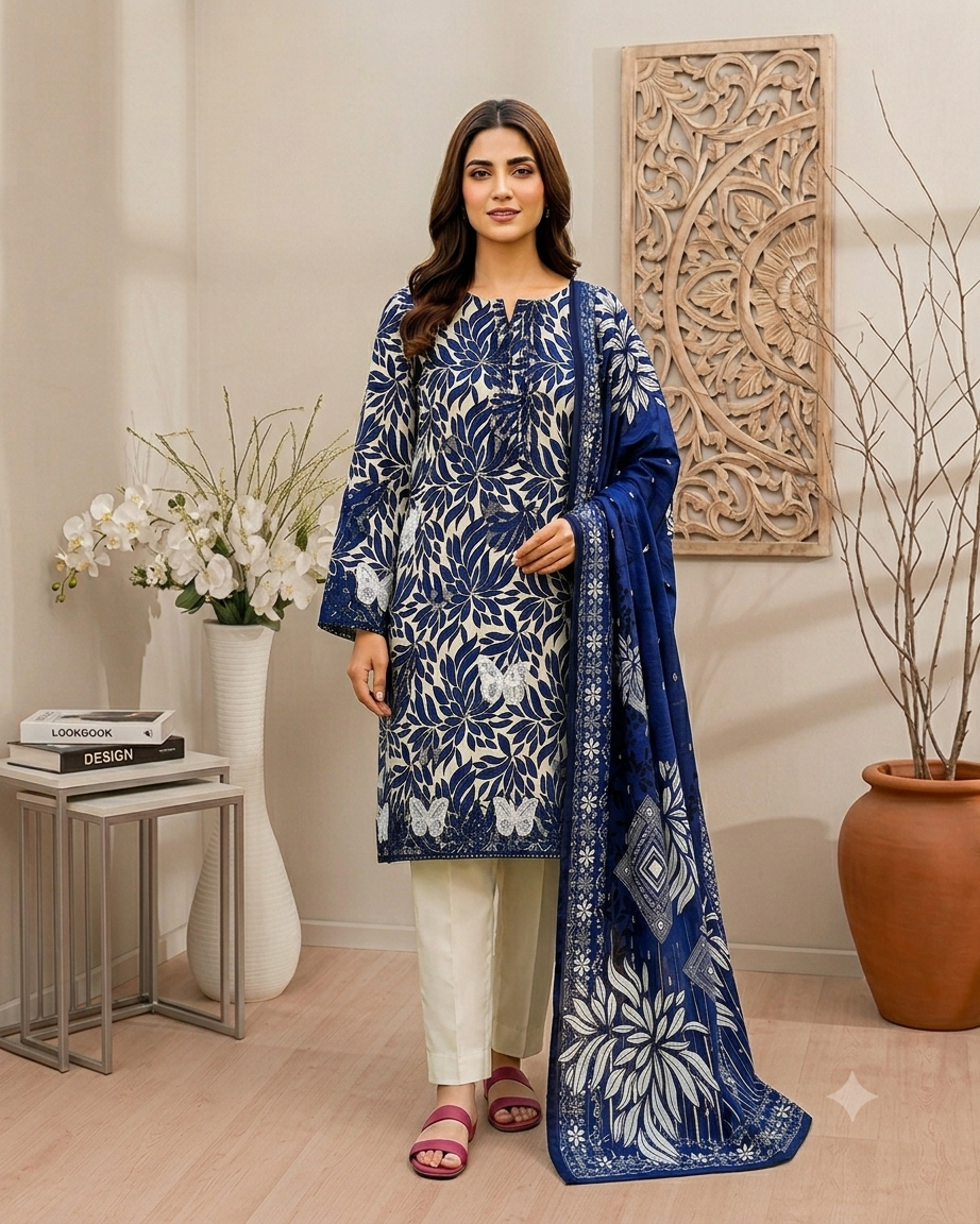 Digital Printed Emboridery Lawn 3pc with Daman Patch  | Vol-742
