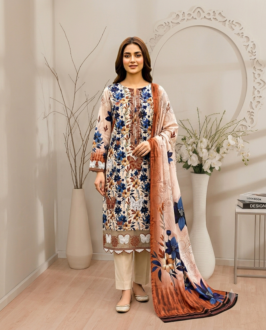 Digital Printed Emboridery Lawn 3pc with Daman Patch  | Vol-742