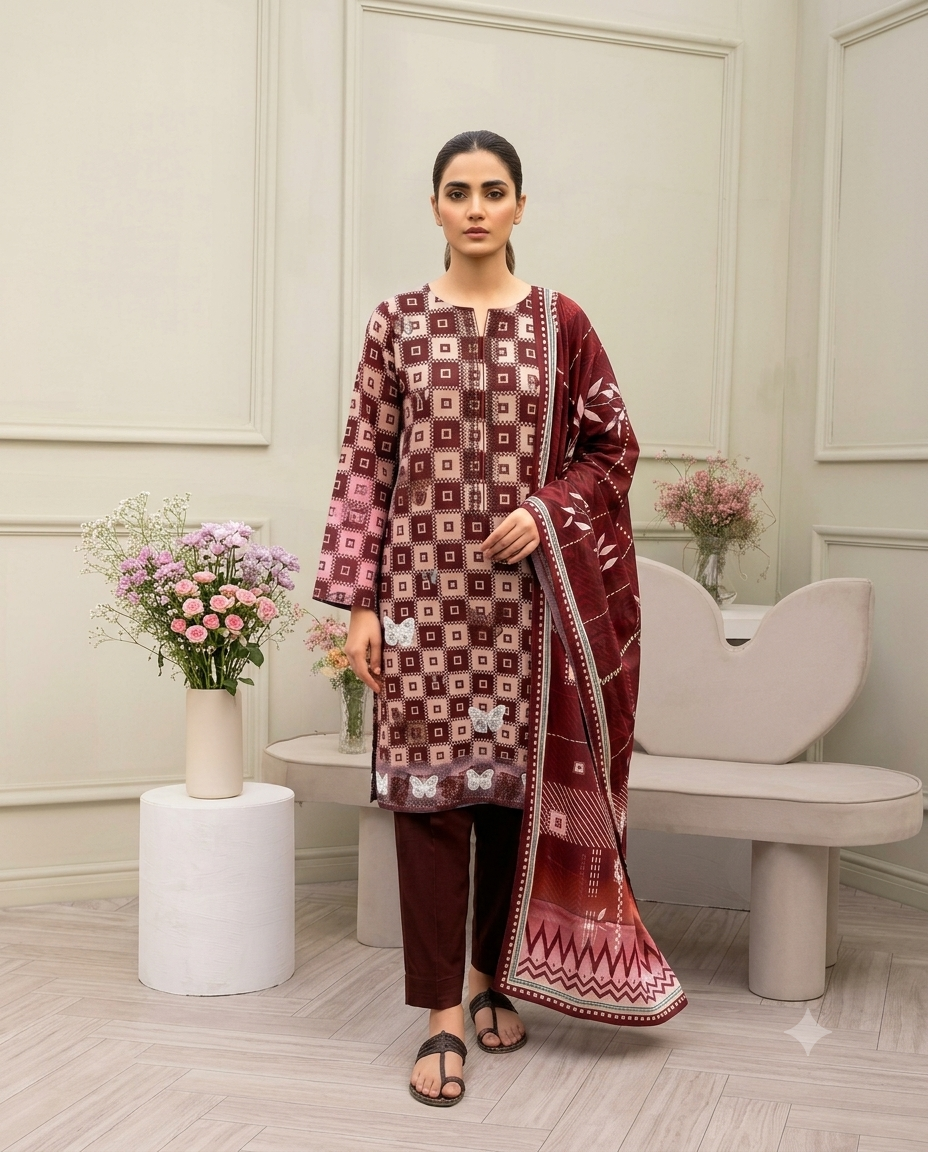Digital Printed Emboridery Lawn 3pc with Daman Patch  | Vol-742