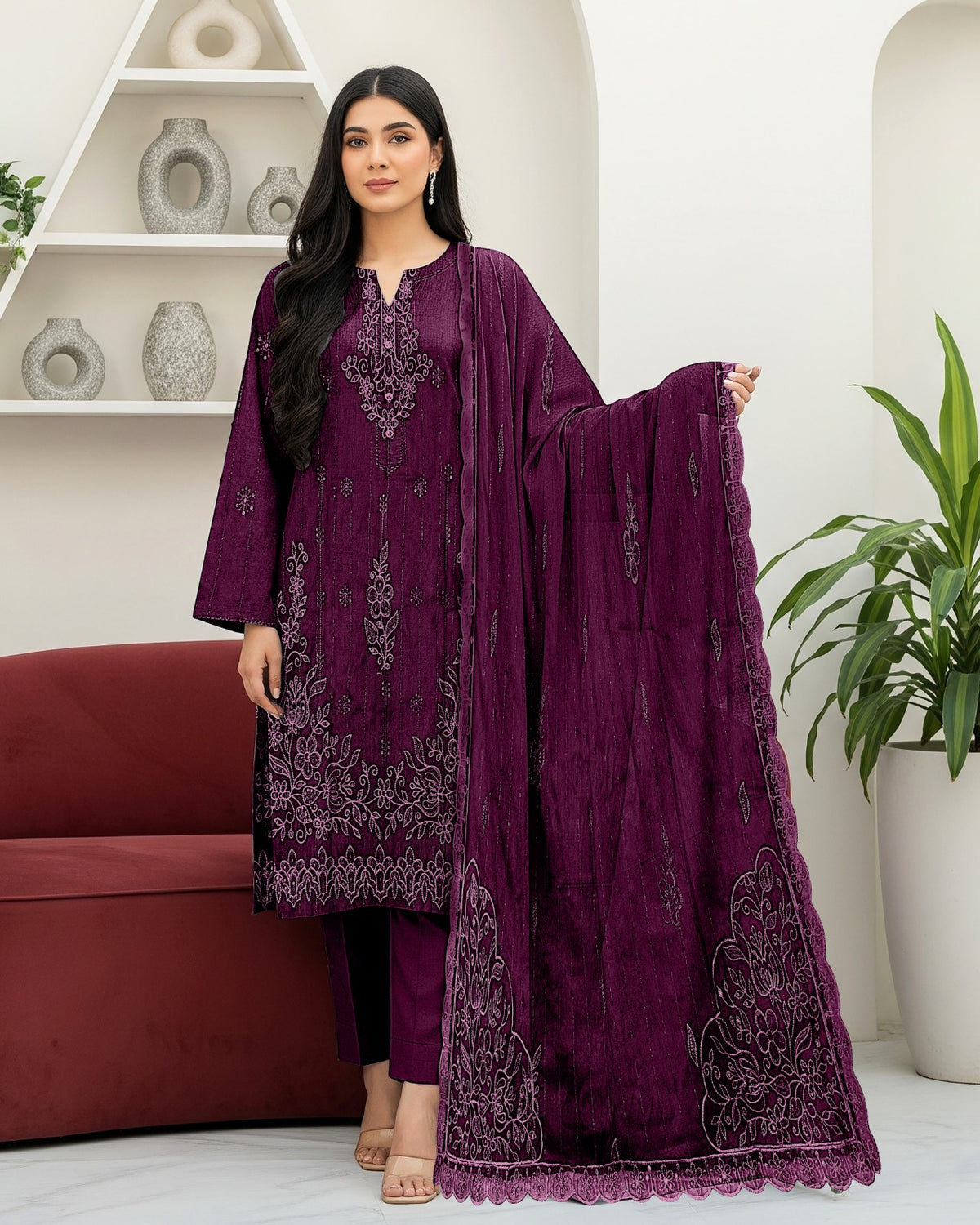 Fancy Chamki Dhanak 3PC suit with sequence head-skip embroidery and cutwork lace dupatta