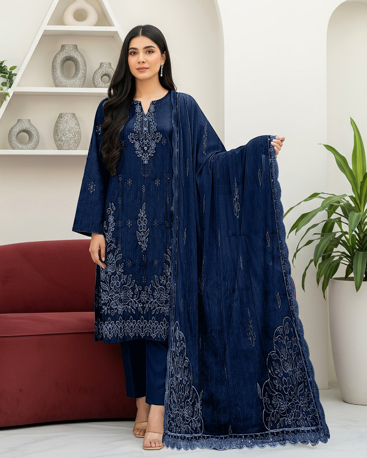 Fancy Chamki Dhanak 3PC suit with sequence head-skip embroidery and cutwork lace dupatta
