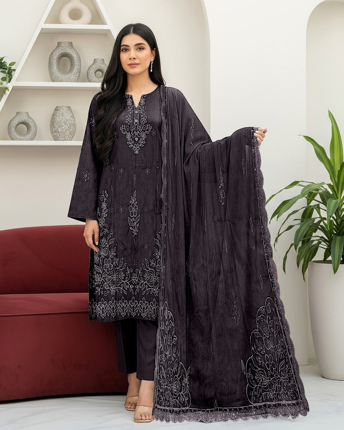 Fancy Chamki Dhanak 3PC suit with sequence head-skip embroidery and cutwork lace dupatta