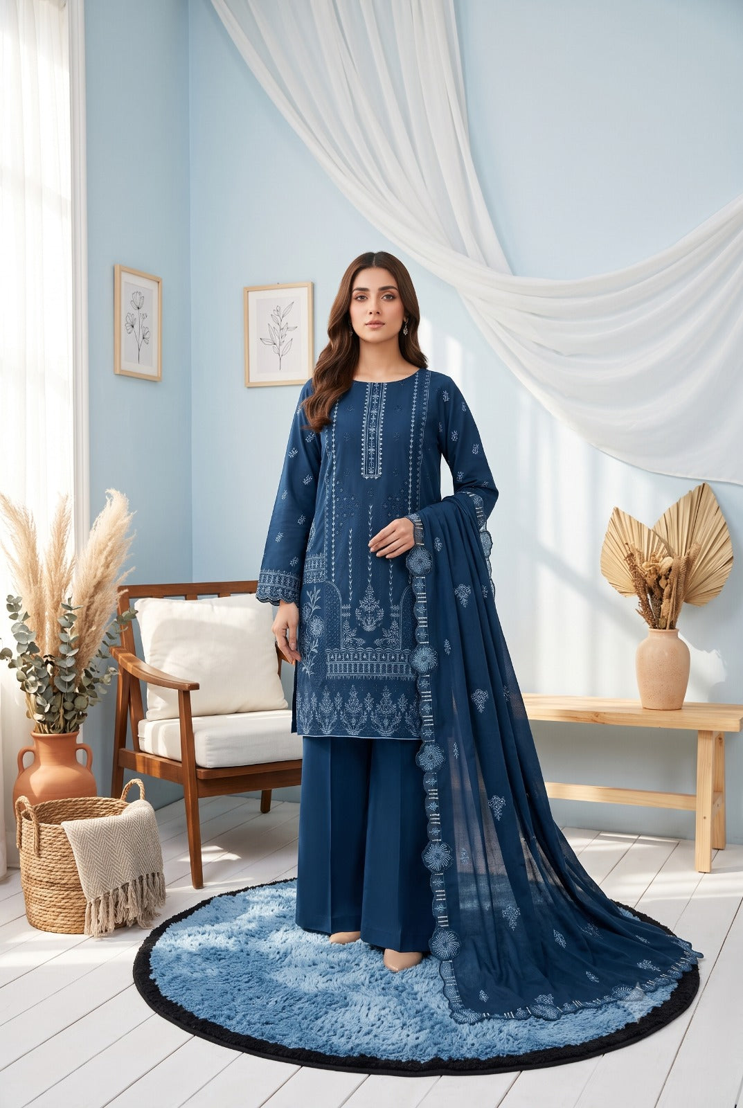 A woman models a three-piece navy blue ethnic suit set consisting of a long-sleeve embroidered kurta, matching wide-leg trousers, and a sheer dupatta, set against a styled light blue room background.