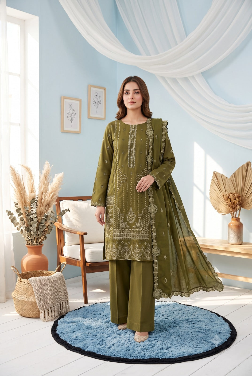 A woman models an olive green three-piece salwar kameez suit with intricate embroidery, standing on a round blue rug in a decorated room with a light blue wall and white draped curtains.
