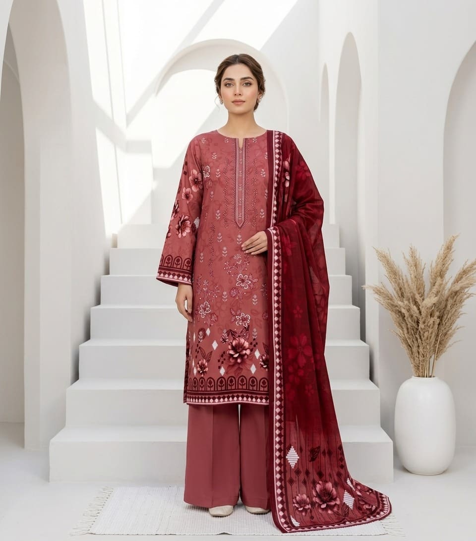 A woman stands on white stairs wearing a traditional three-piece salwar kameez suit in dusty rose pink with floral embroidery and a matching dupatta. The set includes a long-sleeved embroidered kameez, matching trousers, and a sheer embroidered dupatta.