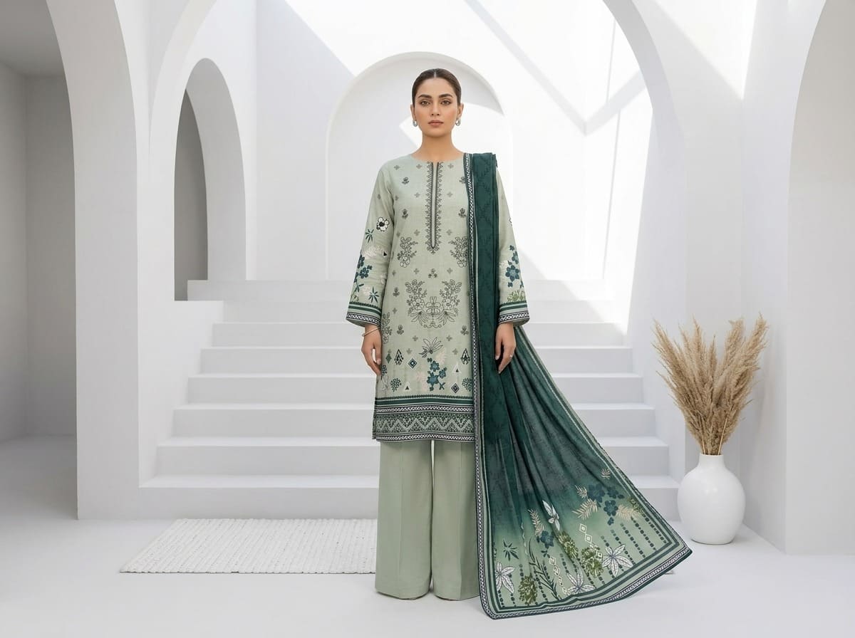 A woman models a three-piece traditional outfit in a bright, modern white architectural setting with steps and a vase of dried grass. The outfit consists of a light sage green kurta with teal floral embroidery, matching wide-leg trousers, and a dark teal printed dupatta.