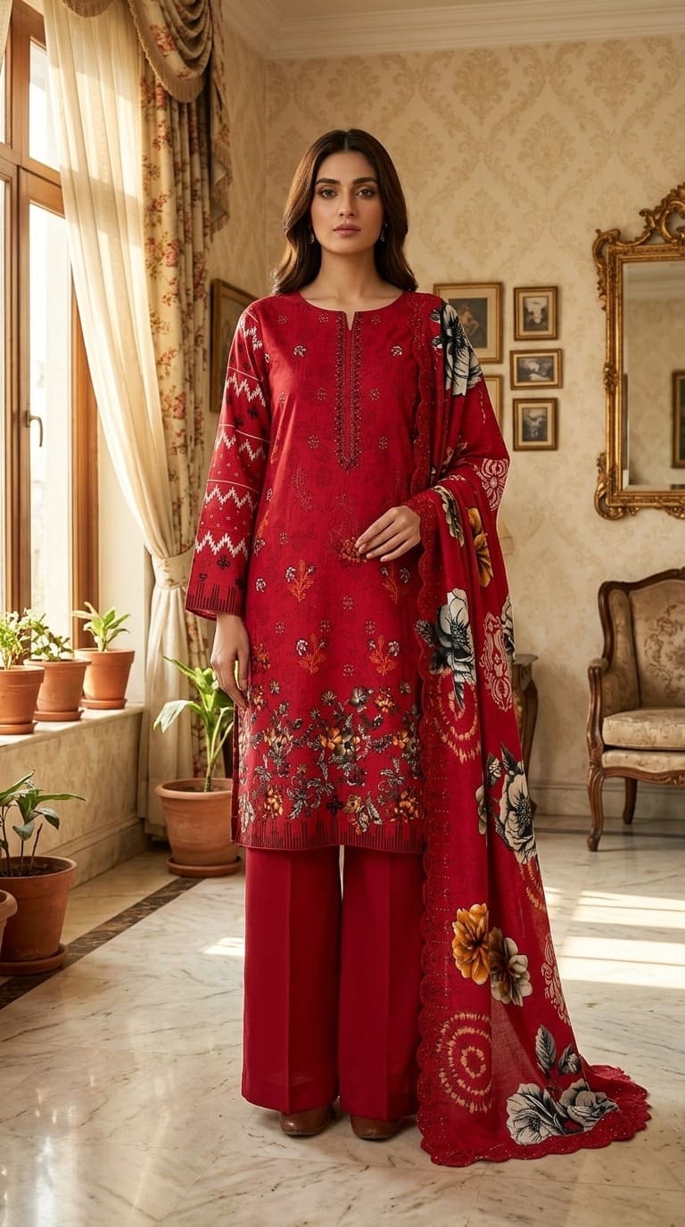 Digital Printed Linen with Front Sequence Embroidery & Linen Cutwork Dupatta | Vol 750
