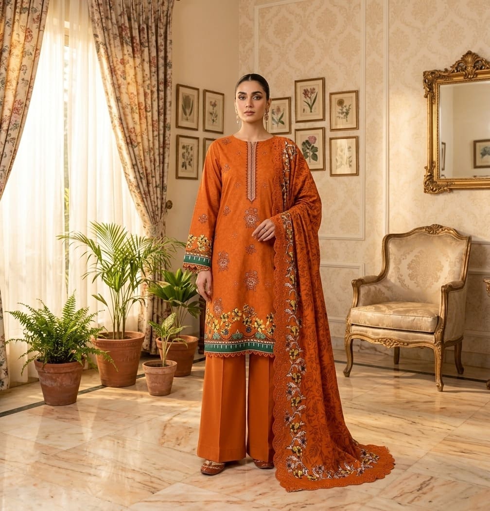 Digital Printed Linen with Front Sequence Embroidery & Linen Cutwork Dupatta | Vol 750