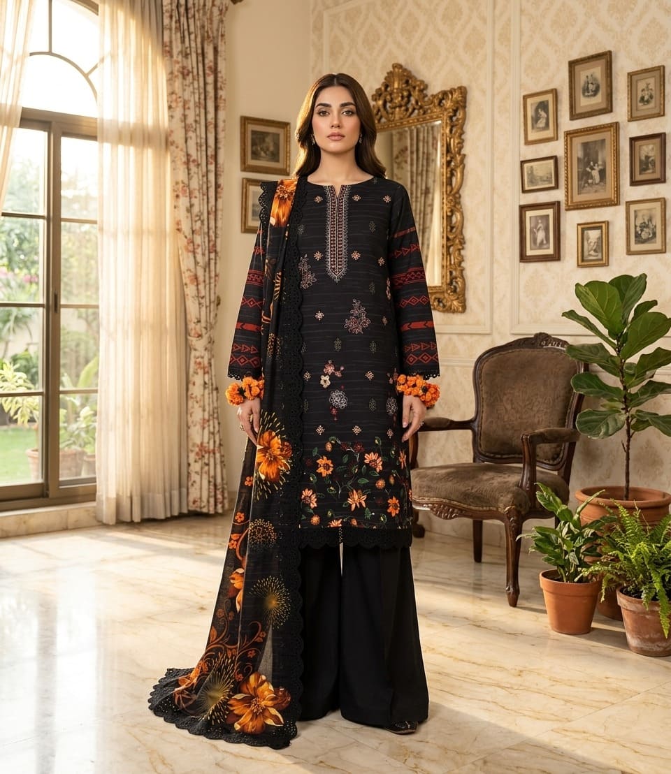 Digital Printed Linen with Front Sequence Embroidery & Linen Cutwork Dupatta | Vol 750