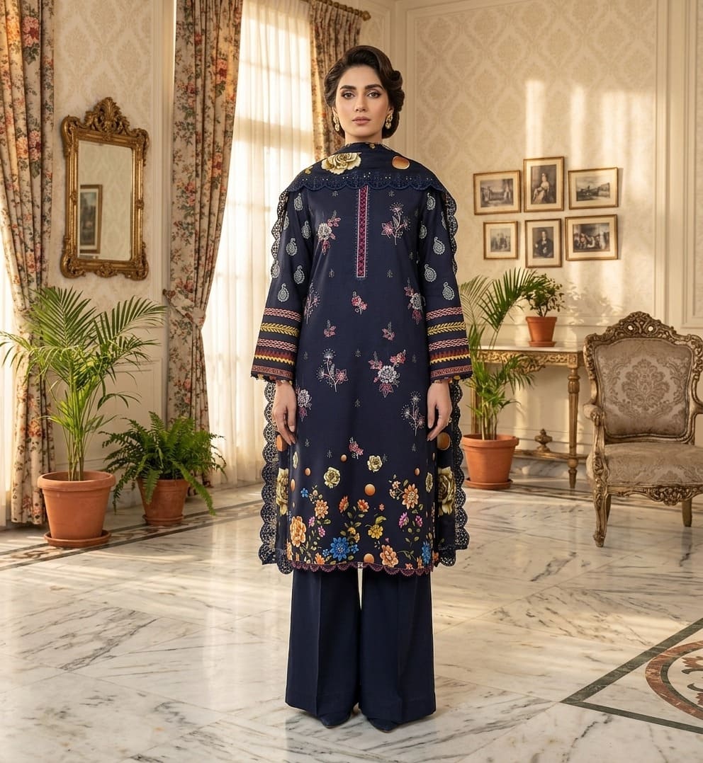 Digital Printed Linen with Front Sequence Embroidery & Linen Cutwork Dupatta | Vol 750