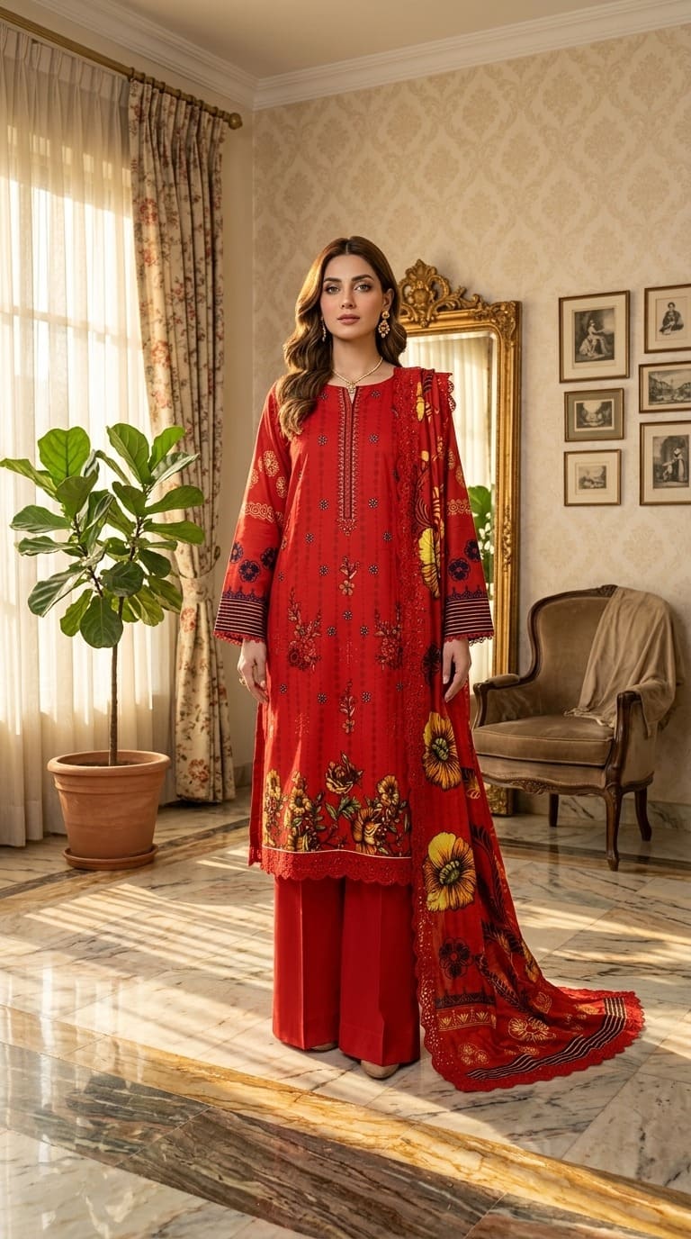 Digital Printed Linen with Front Sequence Embroidery & Linen Cutwork Dupatta | Vol 750