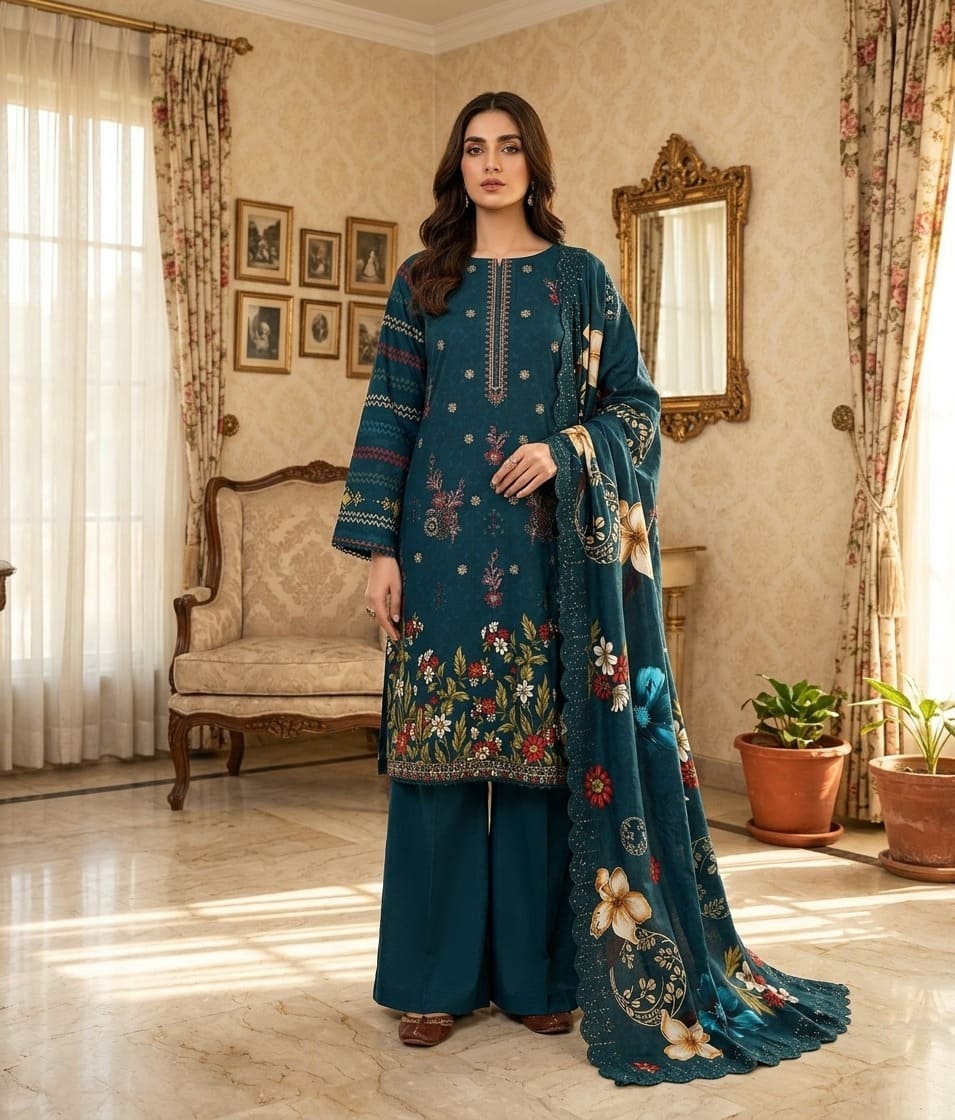 Digital Printed Linen with Front Sequence Embroidery & Linen Cutwork Dupatta | Vol 750