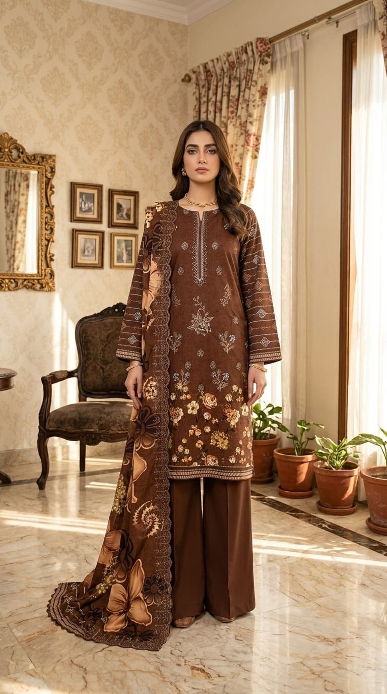 Digital Printed Linen with Front Sequence Embroidery & Linen Cutwork Dupatta | Vol 750