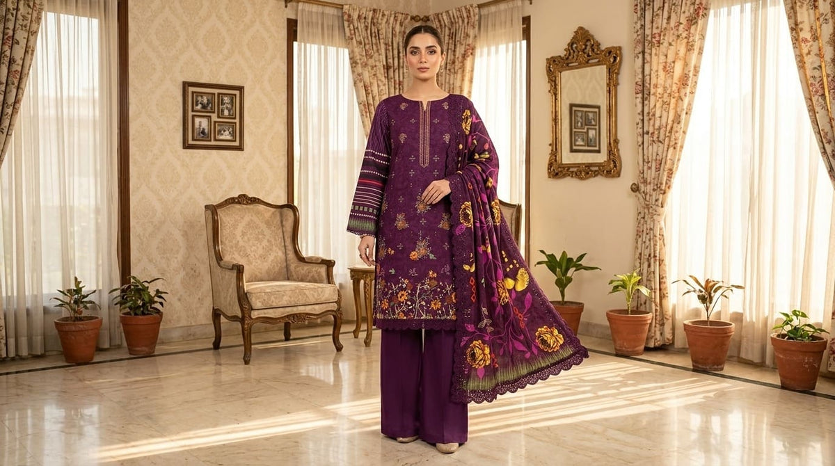 Digital Printed Linen with Front Sequence Embroidery & Linen Cutwork Dupatta | Vol 750