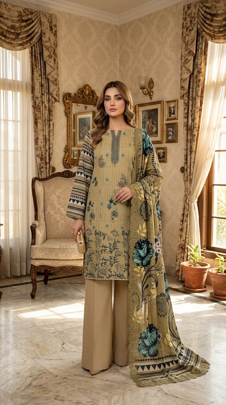 Digital Printed Linen with Front Sequence Embroidery & Linen Cutwork Dupatta | Vol 750