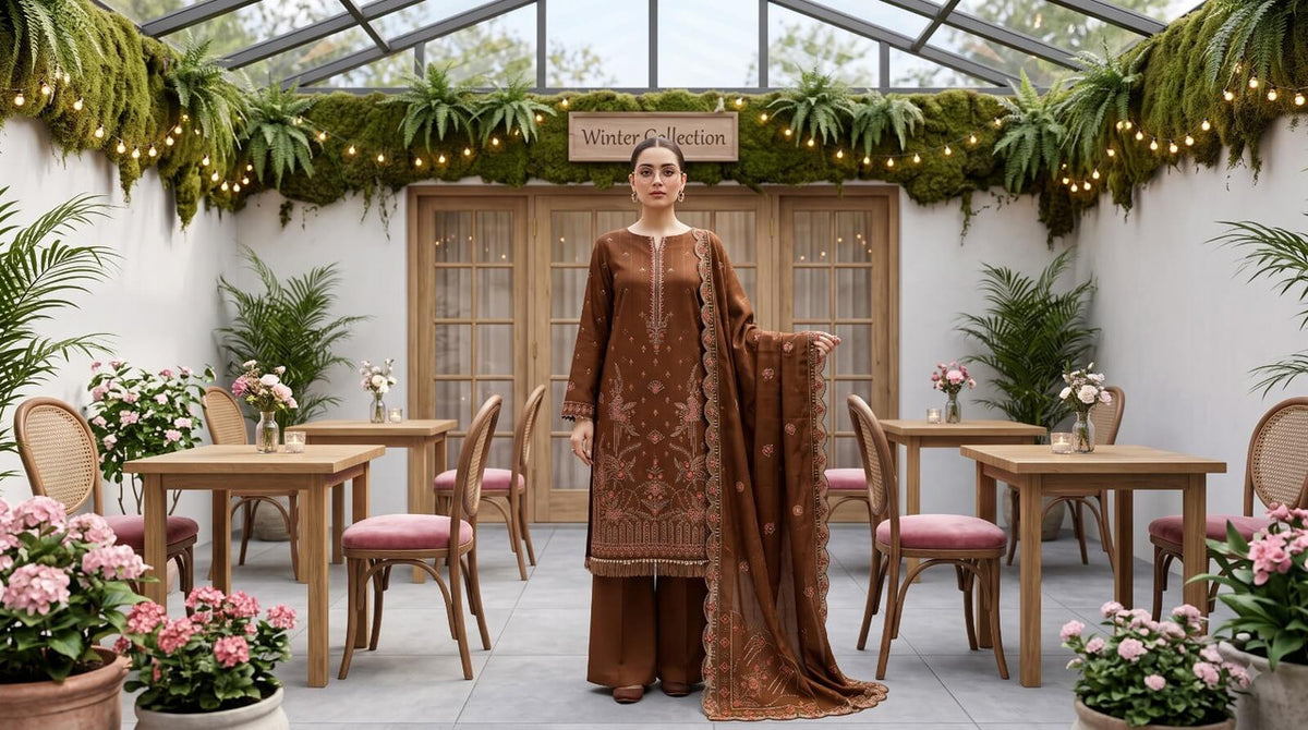 LJ Creations Brown Dhanak embroidered three piece unstitched suit