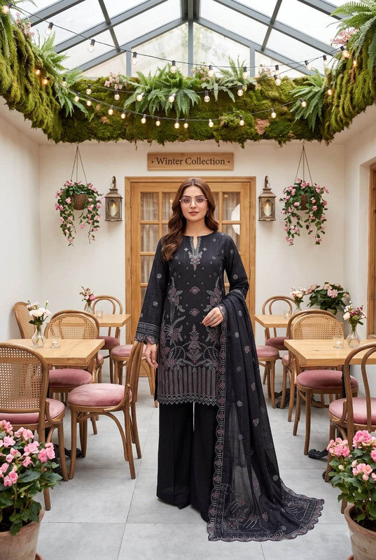 LJ Creations Black Dhanak embroidered three piece unstitched suit