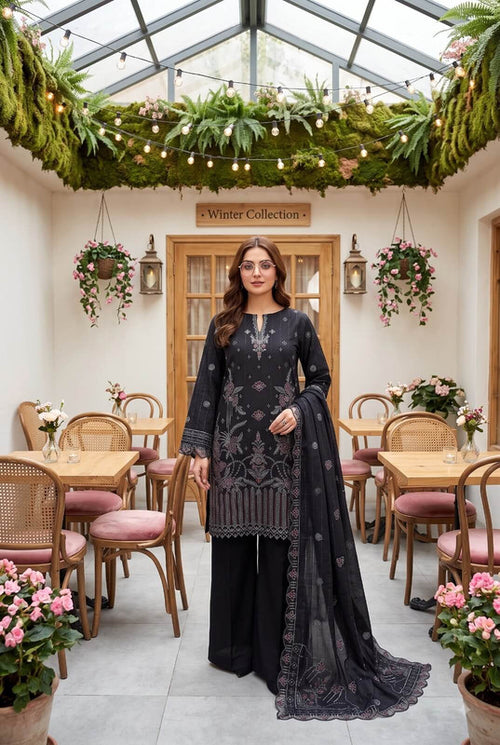 LJ Creations Black Dhanak embroidered three piece unstitched suit