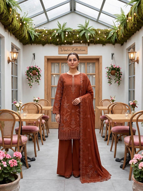 LJ Creations Coper Dhanak embroidered three piece unstitched suit