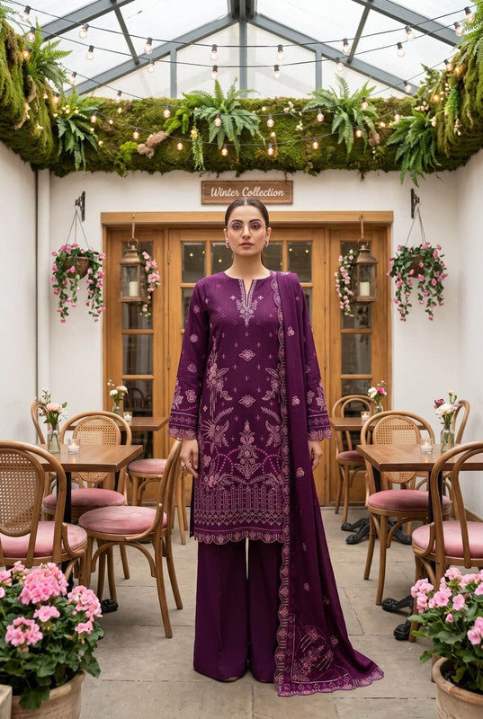 LJ Creations Majenda Dhanak embroidered three piece unstitched suit