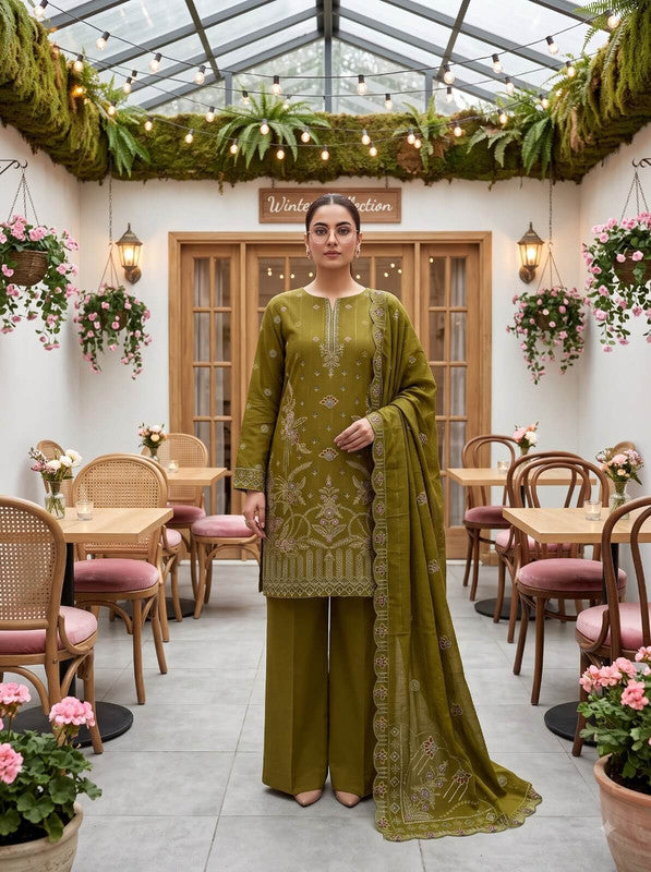 LJ Creations Mehndi Dhanak embroidered three piece unstitched suit